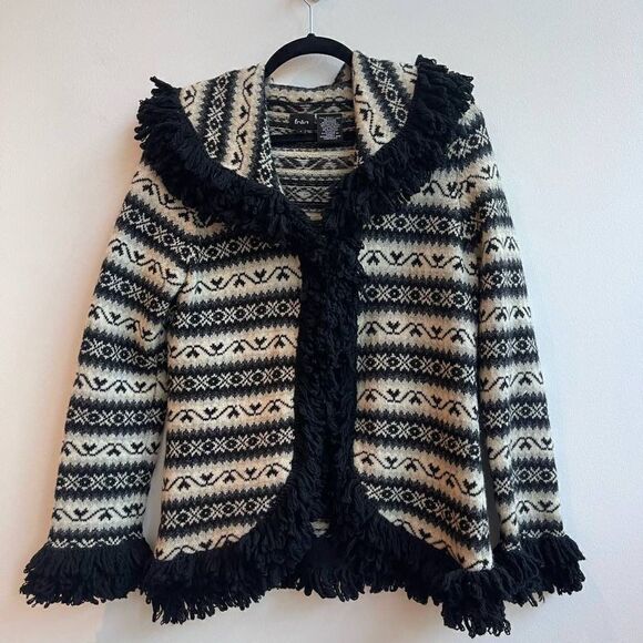 Folio Lambswool Fringe Black & White Hooded Fair Isles Nordic Cardigan - Large - Picture 1 of 8